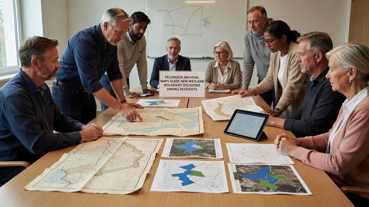 Residents and experts examining digitized archival maps on computer screens in a community hall