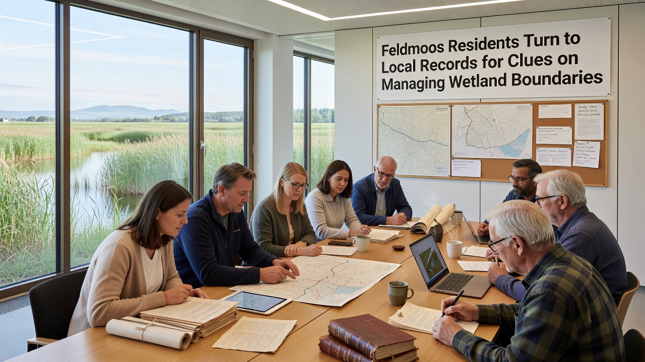 Close-up of historical land records and survey maps being reviewed by a group of residents in Feldmoos