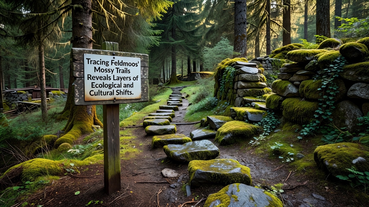 Close-up of moss layers on Feldmoos trail with embedded cultural markers and ecological zones